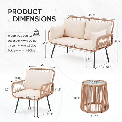 Verano Garden 4 Pieces Patio Balcony Furniture Set, Outdoor Wicker Patio Conversation Set, Patio Sectional Table and Chairs Set of 4 with Cushion, Pillow & Table (Cream White, 4PCS Conversation Set)
