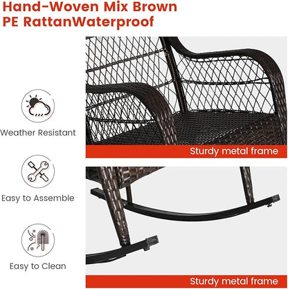 MEDIMALL Outdoor Wicker Rocking Chair, Patio Rattan Rocker w/Lumbar Pillow, Padded Seat & Back Cushions, Metal Frame, Mix Brown Wicker Furniture for Balcony, Porch, Deck, Backyard (Off White)