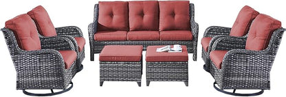 Rilyson Patio Furniture Swivel Chairs Set - 7 Piece Wicker Rattan Outdoor Sectional Conversation Sets with 4 Swivel Rocking Chairs,2 Ottomans and 1 Sofa for Porch Deck Garden(Mixed Grey/Red)