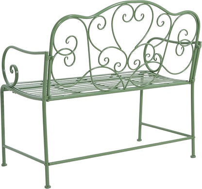 Merax 41 Inch Outdoor Garden Bench, Iron Metal Frame Patio Park Bench with Curled Decorative Pattern Backrest, Outside Bench for Front Porch Path Yard Lawn Backyard for 2 Person Seat, Green