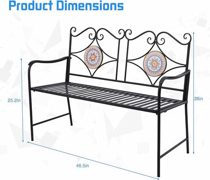 Vipush Outdoor Mosaic Benches - 47Inch Cast Iron Steel Frame Garden Bench Patio Furniture Chair Outdoor Bench Floral Design Backrest, Slatted Seat for Park, Yard & Porch
