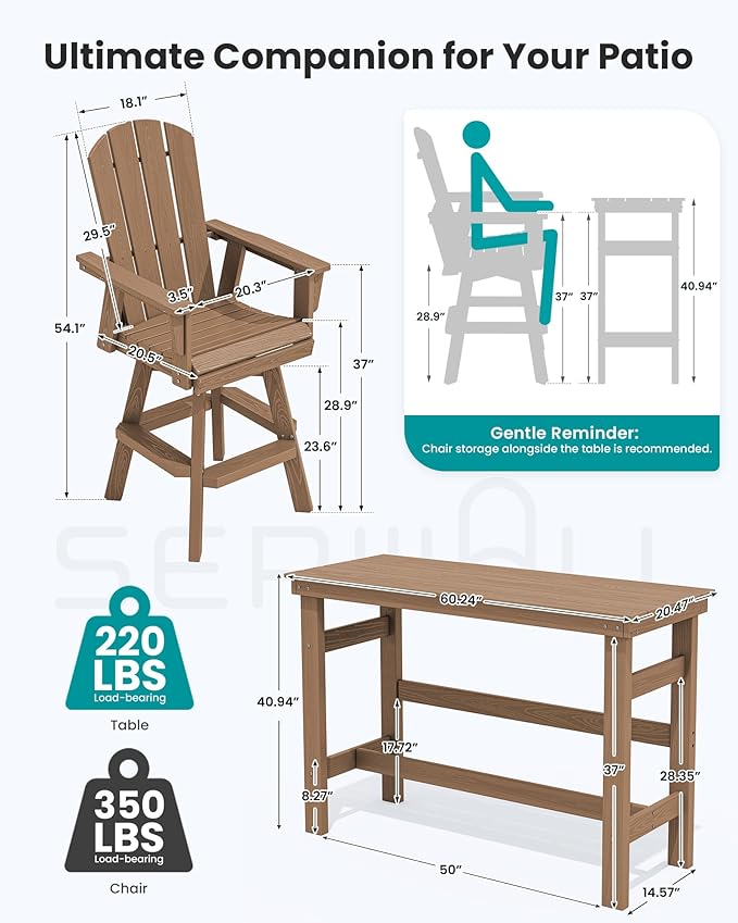 SERWALL 3-Piece Swivel Adirondack Bar Set, HDPE Swivel Bar Height Chairs Set of 2 with Bar Table - Photo 2