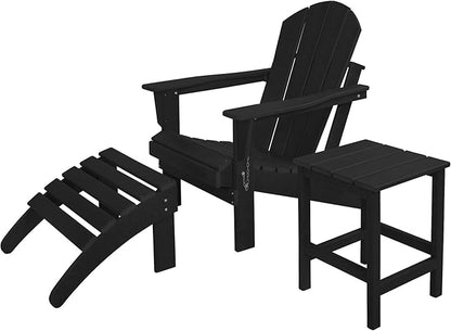 WO Home Furniture 3pc Set - HDPE Poly Adirondack Chair with Ottoman/Footrest and Square Side Table, All Weather and UV Resistant for Outdoor Patio Backyard, Garden, Black
