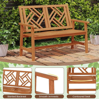48 Inch Solid Hardwood Garden Bench, 2-Person Outdoor Wood Patio Loveseat with Geometric Backrest and Contoured Seat, Heavy Duty Porch Furniture for Backyard and Balcony, 660 lbs Capacity