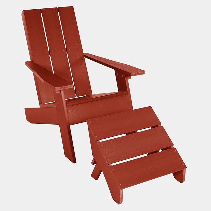 Highwood Italica Modern Adirondack Chair and Ottoman, 2-Piece Set, Rustic Red