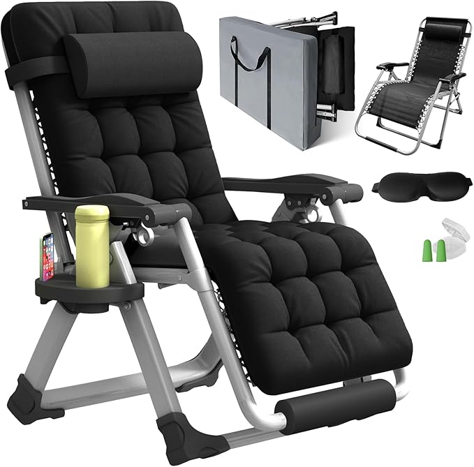 Oversized Zero Gravity Chair XL, 29In Padded Lounge Recliner Camping Chair with Removable Cushion, Adjustable Headrest - Photo 1