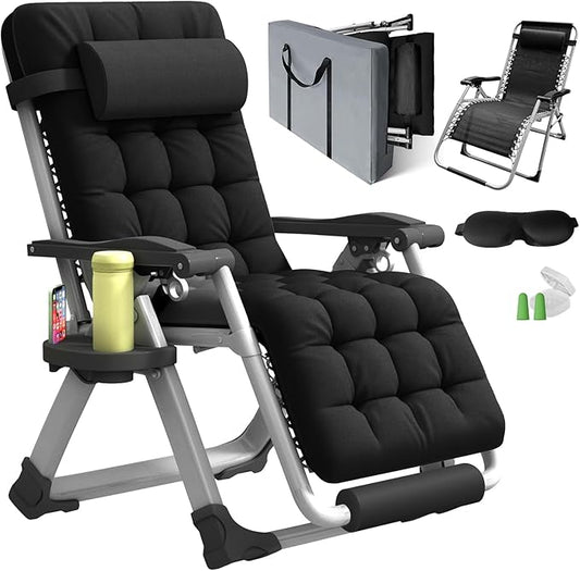 Oversized Zero Gravity Chair XL, 29In Padded Lounge Recliner Camping Chair with Removable Cushion, Adjustable Headrest, Storage Bag, Footrest, Cup Holder & Full Aluminum Lock, Supports 450 lbs, Black