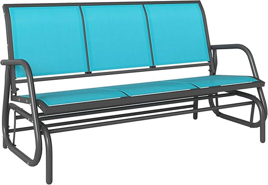 Outsunny 3-Person Patio Glider Bench, Outdoor Porch Glider Swing with 3 Seats, Breathable Mesh Fabric, Metal Frame, Blue