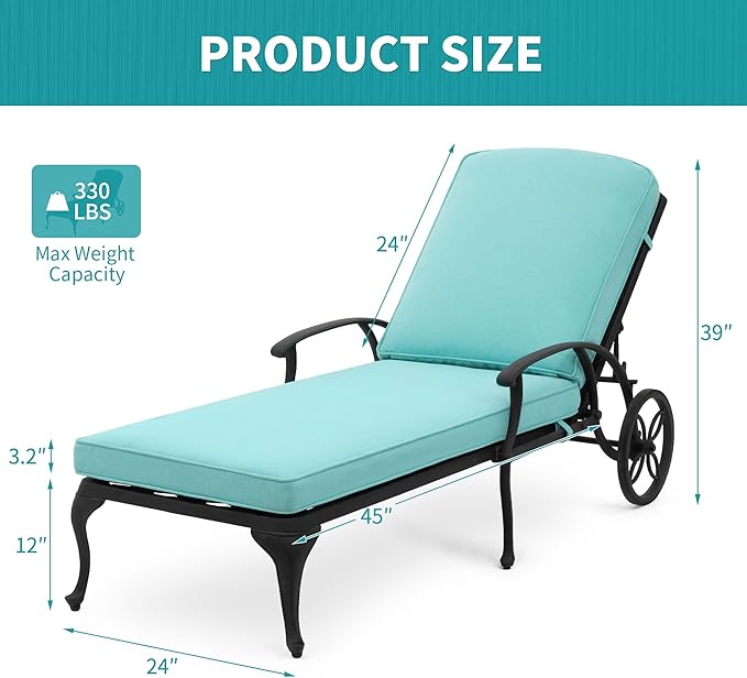 HOMEFUN Chaise Lounge Chair Outdoor - Poolside Chairs Set of 2 with Cushion Cast Aluminum Waterproof Lounger with Wheels and Adjustable Reclining, Pack of 2 (Cyan Cushion)