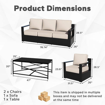 Outdoor Aluminum Furniture Set, 4-Piece Patio Conversation Set, 2 Chairs, 1 Sofa and 1 Table, All-Weather Metal Frame, 6" Thick Removable Cushions, Deep Setting for Garden, Poolside and Porch