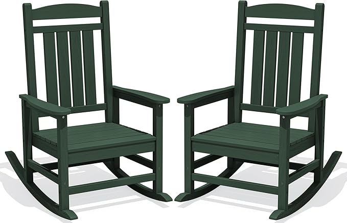 KINGYES HDPE Outdoor Rocking Chair Set of 2, All-Weather Patio Rocking Chair, Weather Resistant Porch Rocker for Adults, Dark Green