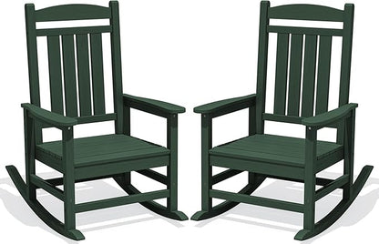 KINGYES HDPE Outdoor Rocking Chair Set of 2, All-Weather Patio Rocking Chair, Weather Resistant Porch Rocker for Adults, Dark Green