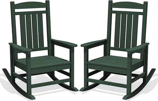 KINGYES HDPE Outdoor Rocking Chair Set of 2, All-Weather Patio Rocking Chair, Weather Resistant Porch Rocker for Adults, Dark Green