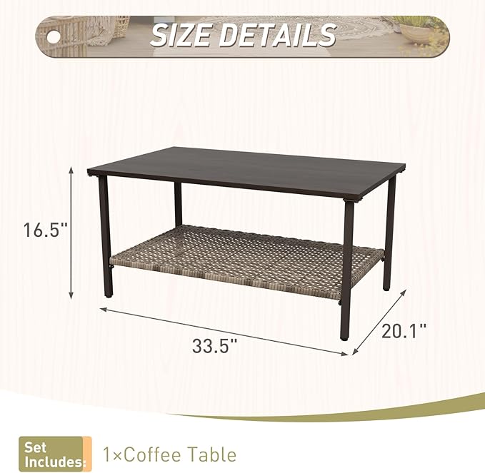 Vista Oasis Outdoor Steel Patio Table, Patio Coffee Table with Lower Storage, Outdoor Furniture for Balcony, Porch and Garden, Wood Grain Top