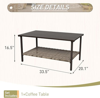 Vista Oasis Outdoor Steel Patio Table, Patio Coffee Table with Lower Storage, Outdoor Furniture for Balcony, Porch and Garden, Wood Grain Top