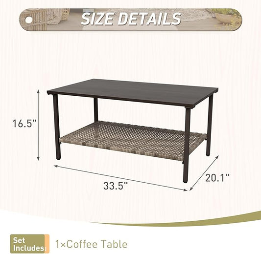 Vista Oasis Outdoor Steel Patio Table, Patio Coffee Table with Lower Storage, Outdoor Furniture for Balcony, Porch and Garden, Wood Grain Top