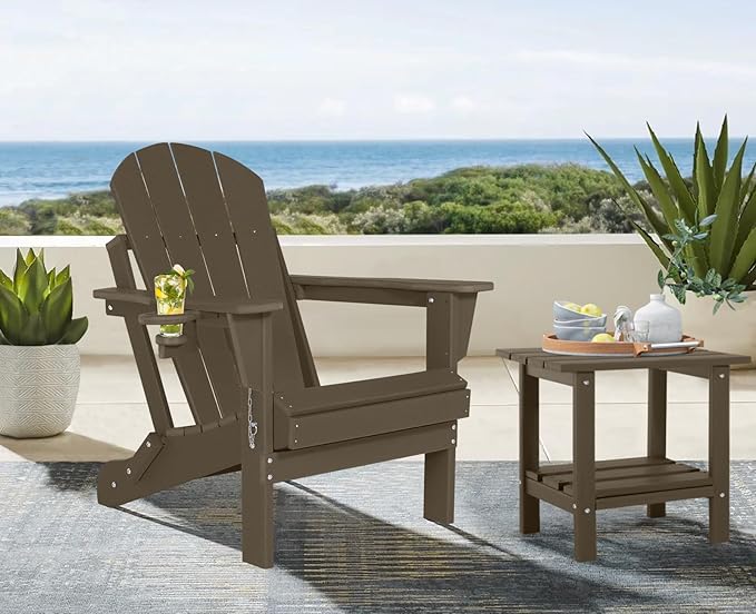 Folding Adirondack Chairs Set of 2 - Plastic Adirondack Chairs with Cup Holder, Weather Resistant for Outdoor, Patio, Lawn, Garden, Backyard Deck, Fire Pit - Dark Brown