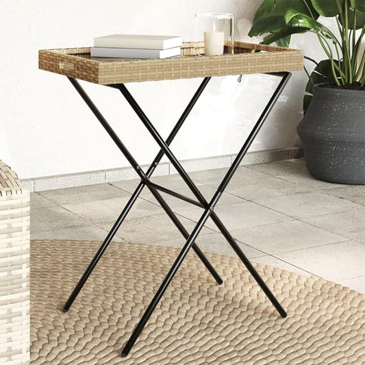 Folding Tray Table, Outdoor coffee table Outdoor Dining Table Outdoor side table Patio table Patio Bistro Accent Table Suitable for Garden Patio Backyard Deck Beige 25.6"x15.7"x29.5" Poly Rattan