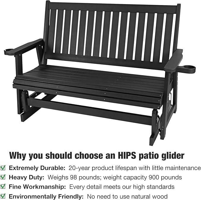 HIPS Patio Glider with Cup Holders, All-Weather Resistant, High Backrest and Deep Contoured Seat, Heavy Duty 900 LB (3 Seat - Carbon Black)