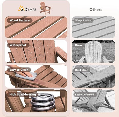 Mdeam 3-Position Adjustable Adirondack Chairs Set of 4, 400LBS Capacity, Cup Holder, Wooden Textured, All-Weather HDPE Folding Fire Pit Outdoor Chairs for Poolside Deck Patio Garden Yard Lawn - Teak