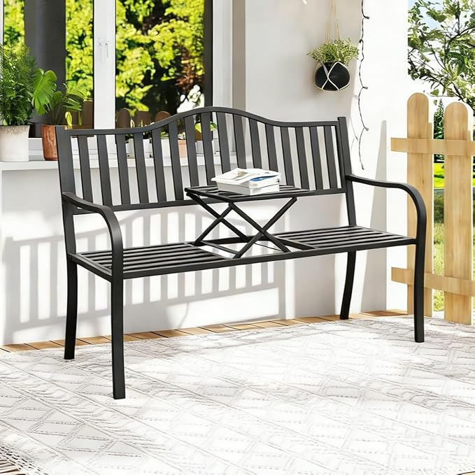 2 in 1 Metal Bench Patio Bench, Outdoor Benches Weatherproof with Folding Middle Table, Wrought Iron Garden Benches for Outdoors, Patio, Garden, Park