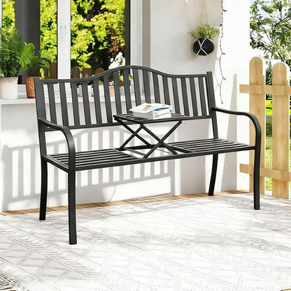 2 in 1 Metal Bench Patio Bench, Outdoor Benches Weatherproof with Folding Middle Table, Wrought Iron Garden Benches for Outdoors, Patio, Garden, Park