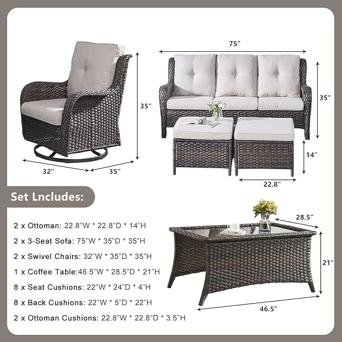 Rilyson Wicker Patio Furniture Set - 7 Piece Rattan Outdoor Sectional Conversation Sets with 2 Rocking Swivel Chairs - Photo 3