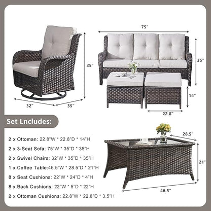 Rilyson Wicker Patio Furniture Set - 7 Piece Rattan Outdoor Sectional Conversation Sets with 2 Rocking Swivel Chairs,2 Ottomans,2 Sofa and 1 Coffee Table for Porch Deck Garden(Brown/Beige)