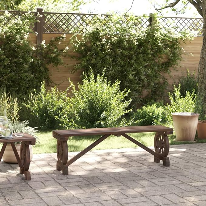 Solid Fir Wood Garden Bench with Wagon Wheel Armrests, Rustic Farmhouse Outdoor Patio Seating for Two, Weather Resistant Durable Construction