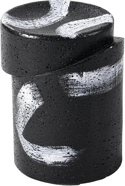 COSIEST Outdoor Side Table Black, Cylinder Shaped MgO Concrete Side Table, Lightweight Accent Table w Scrawl Patio End Table, Round Plant Stand for Garden and Deck