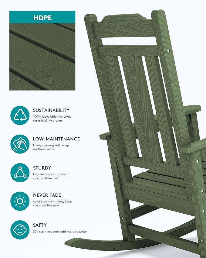 SERWALL Oversized Rocking Chair Outdoor, HDPE Outdoor Rocking Chair, Avocado