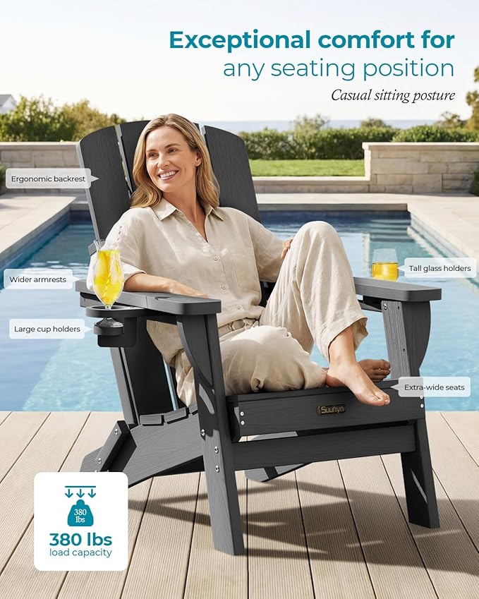 Folding Adirondack Chair 2 Pack, HDPE All-Weather Fire Pit Chairs, Plastic Adirondack Chairs with 2 Cup Holder, Outdoor Lawn Chair for Patio Garden (Grey)