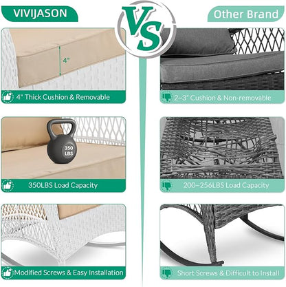 VIVIJASON 2 Piece Patio Wicker Rattan Rocker Chair, Outdoor Rattan Rocker Chair with Cushions & Steel Frame, All-Weather Rocking Lawn Wicker Furniture for Garden Backyard Porch (White Wicker/Beige)