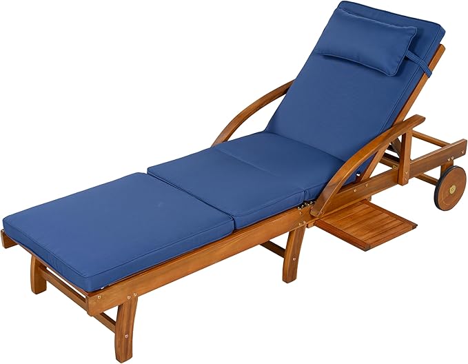 LUMISOL Acacia Wood Chaise Lounge Chair Set of 2, Patio Outdoor Chaise Lounge with Cushions, Adjustable Backrest, Leg Rest, Headrest, Retractable Side Tray for Patio, Pool, Garden, Navy Blue