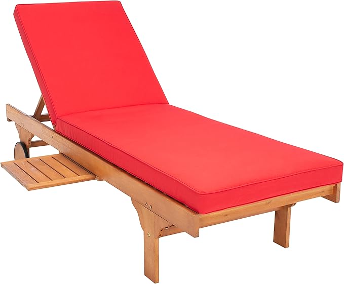 SAFAVIEH Outdoor Collection Newport Natural/ Red Cushion Built-in Side Table Adjustable Chaise Lounge Chair