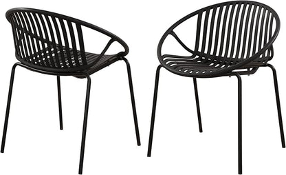 Christopher Knight Home Set of 2 Tita Modern Patio Outdoor Dining Chairs, Stacking Chair, Outside Dinner, Garden/Balcony/Poolside Stackable Accent Chairs, Metal Legs, Plastic Cutout Backrest, Black