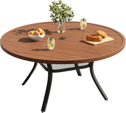 VICLLAX Round Patio Dining Table for 4-6, Outdoor Metal Dining Table with Umbrella Hole for Deck Lawn Garden Backyard, 47.2" Walnut