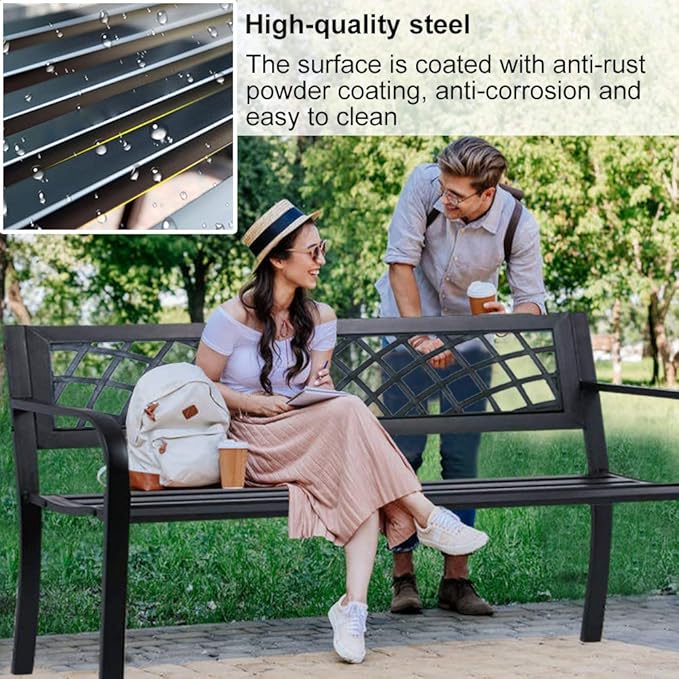 Garden Bench Outdoor Bench Patio Bench for Metal Bench Park Bench with Armrests Sturdy Steel Frame Furniture w/PVC Mesh Pattern 400LBS Weight Capacity for Porch, Backyard,Lawn,Pool, Deck,Black