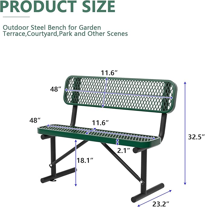 48" Metal Park Benches for Outside - Green Outdoor Benches Heavy Duty Garden Weatherproof Bench with Backrest, Buddy Bench for Schools,Commercial Benches for Shopping Mall, Store, Yard, Patio