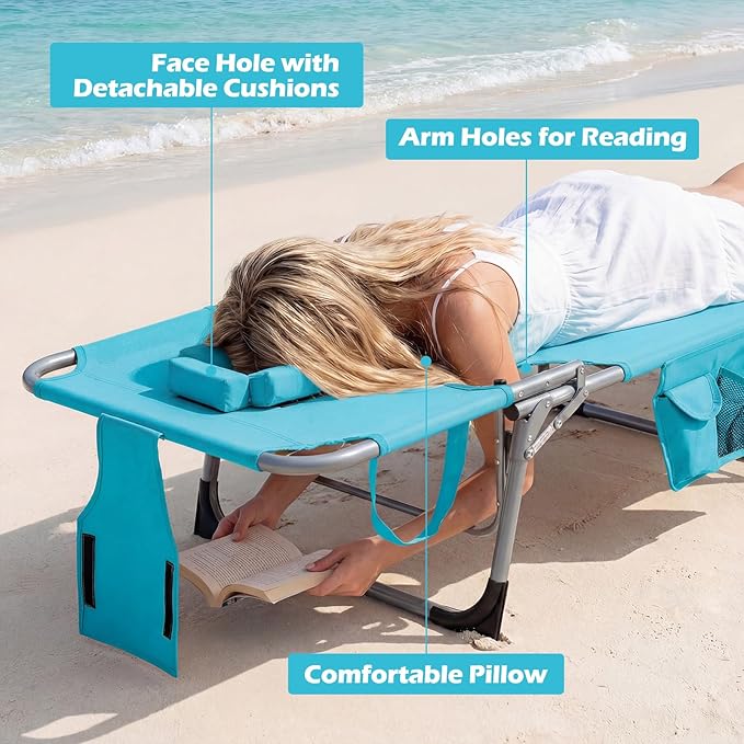 GYMAX Tanning Chair with Face Hole, Sun Bathing Lounge Chairs for Outside with Side Pocket - Photo 8