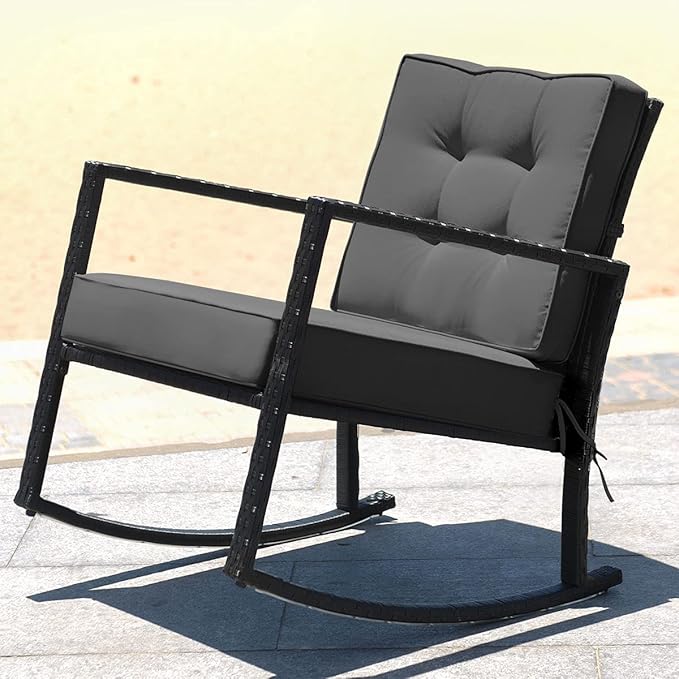 Tangkula 2 Pieces Wicker Rocking Chairs, Outdoor Glider Rattan Rocker Chair with Heavy-Duty Steel Frame, Patio Wicker Furniture Seat with 5” Thick Cushion for Garden, Porch, Backyard, Poolside
