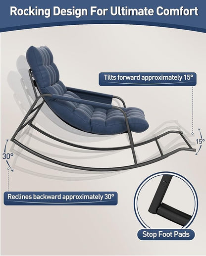 Oversized Outdoor Rocking Chair, Papasan Chair with Comfy Padded Cushions & Side Pocket, for Patio Garden, Porch, Lounge, Indoor, Navy