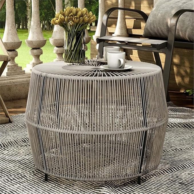 Round Outdoor Coffee Table, PE Wicker and Metal Frame, Weatherproof Gray Finish, 21.7 in Diameter - Photo 7