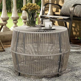 Round Outdoor Coffee Table, PE Wicker and Metal Frame, Weatherproof Gray Finish, 21.7 in Diameter - Photo 7