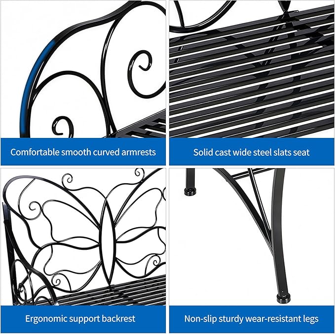 HLC Outdoor Bench Outdoor Sturdy Rust-Resistant Bench Butterfly Cast Iron with Armrests Park, Yard, Patio, Porch - Photo 6