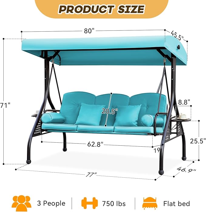 3 in 1 Patio Swing with Adjustable Canopy for Adults, 3 Seat Outdoor Swing with Thickened Cushions - Photo 2