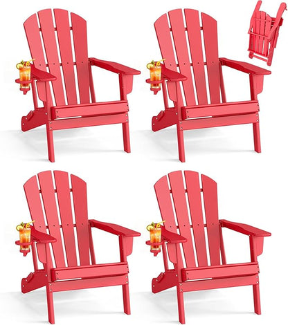 BRIOPAWS Folding-Adirondack-Chairs Set of 4 | HDPE Plastic | Fire Pit Chair | Cup Holder | Curved Back | All Weather| for Outdoor Backyard Deck Patio | Red