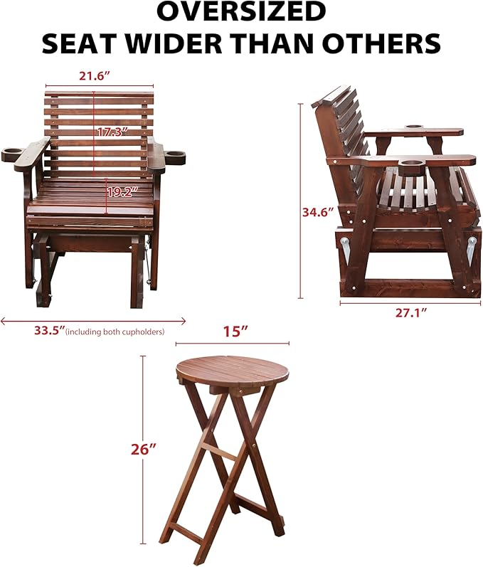 Outdoor Glider Chair,2-Seater Wooden Glider Patio Furniture Set with Table, Cupholder, High Back and Deep Contoured Seater, for Porch, Patio and Balcony, Dark Brown