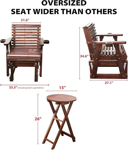 Outdoor Glider Chair,2-Seater Wooden Glider Patio Furniture Set with Table, Cupholder, High Back and Deep Contoured Seater, for Porch, Patio and Balcony, Dark Brown