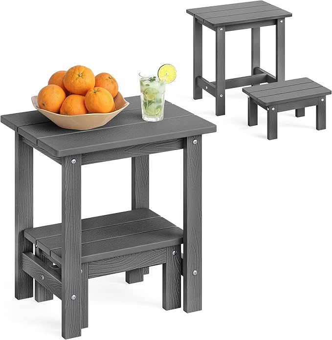 LUE BONA Outdoor Side Table, 2-Tier HDPS Outdoor Nesting End Table with Removable Small Foot Stool for Patio, Deck, Poolside, Low Maintenance & Weather Resistant,Dark Gray